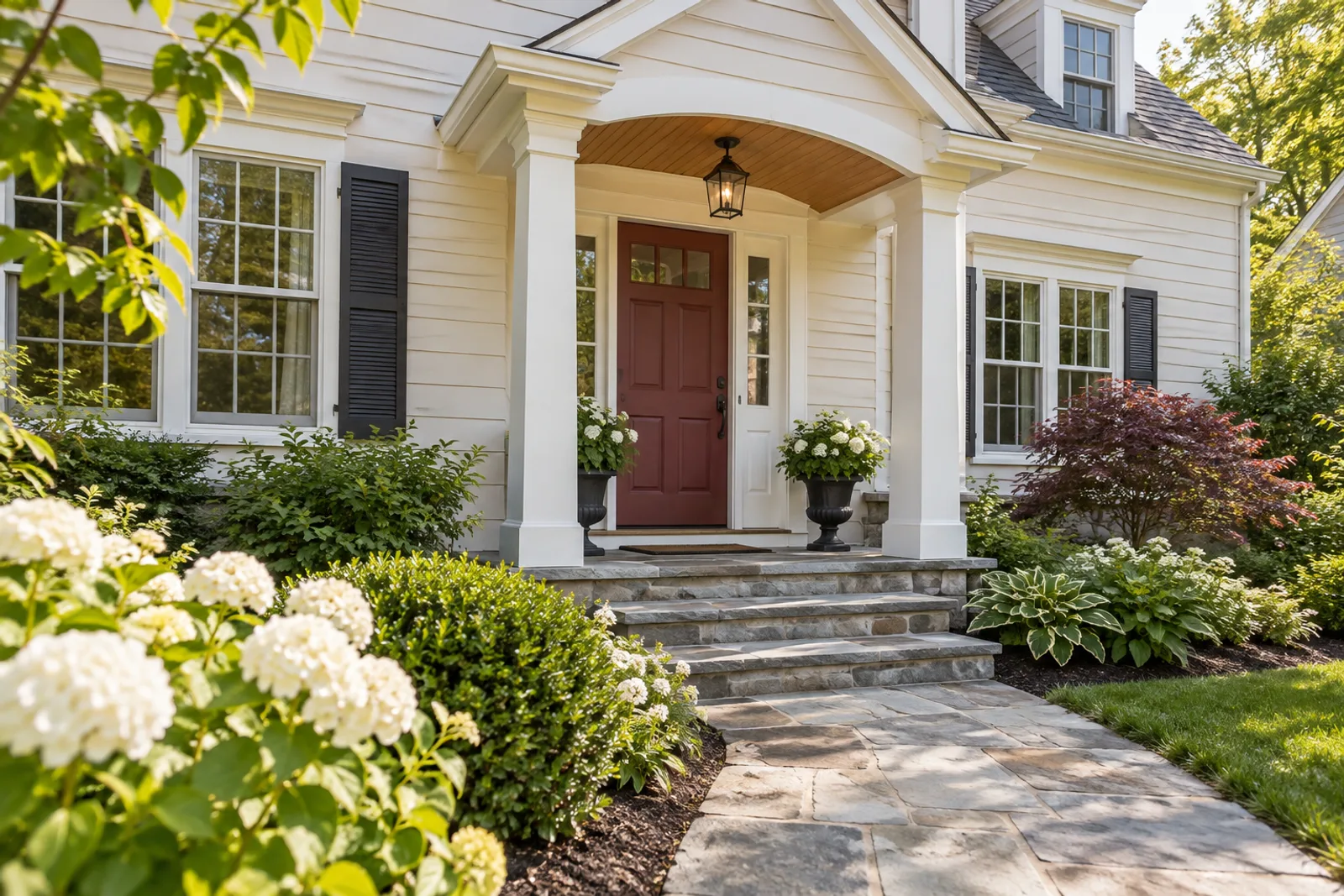 Illustrative clapboard home with a burgundy door and planted garden